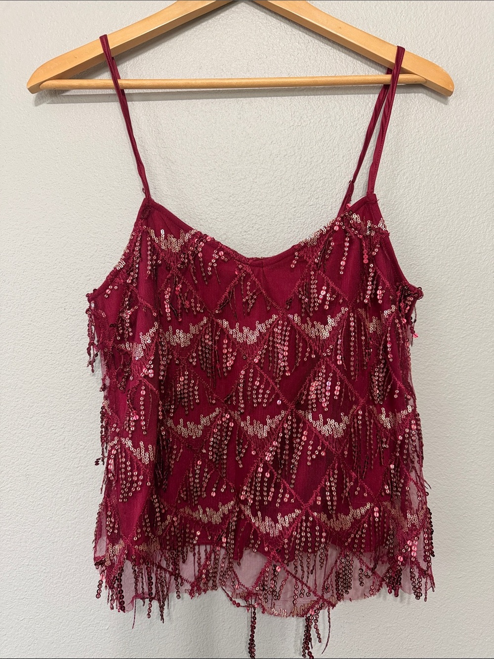 Timing Los Angeles Embellished Burgundy Sequin Fringe Camisole Medium Flapper